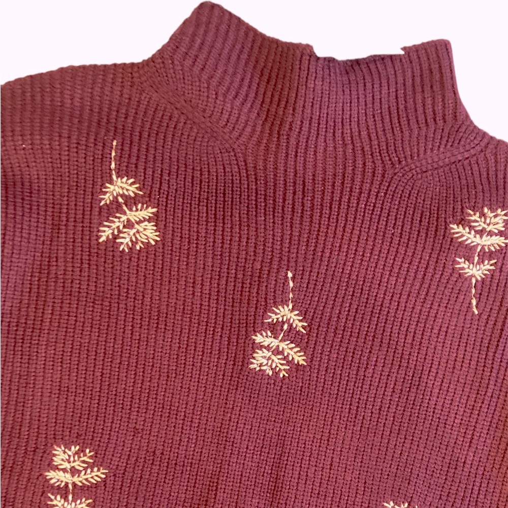 Cozy Co, Mock Turtleneck Sweater, Size 2X Burgundy with embroidered foliage - Picture 4 of 7